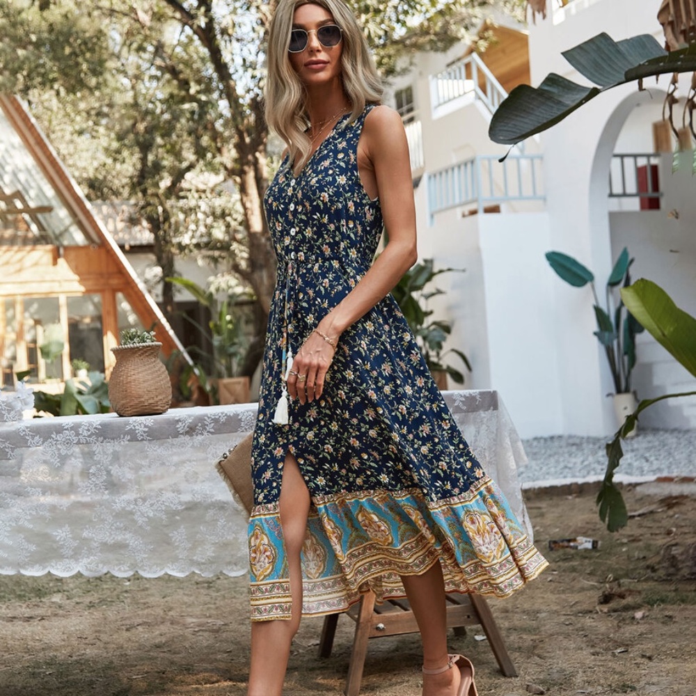 boho v neck tassel floral A line yellow dress - Picture 2 of 9